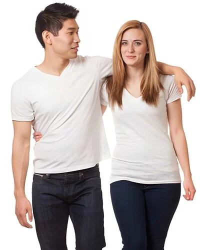 male and female models wearing v shape white t shirts for humexapparel wear collection