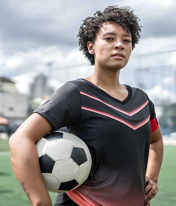 female wearing soccer uniform